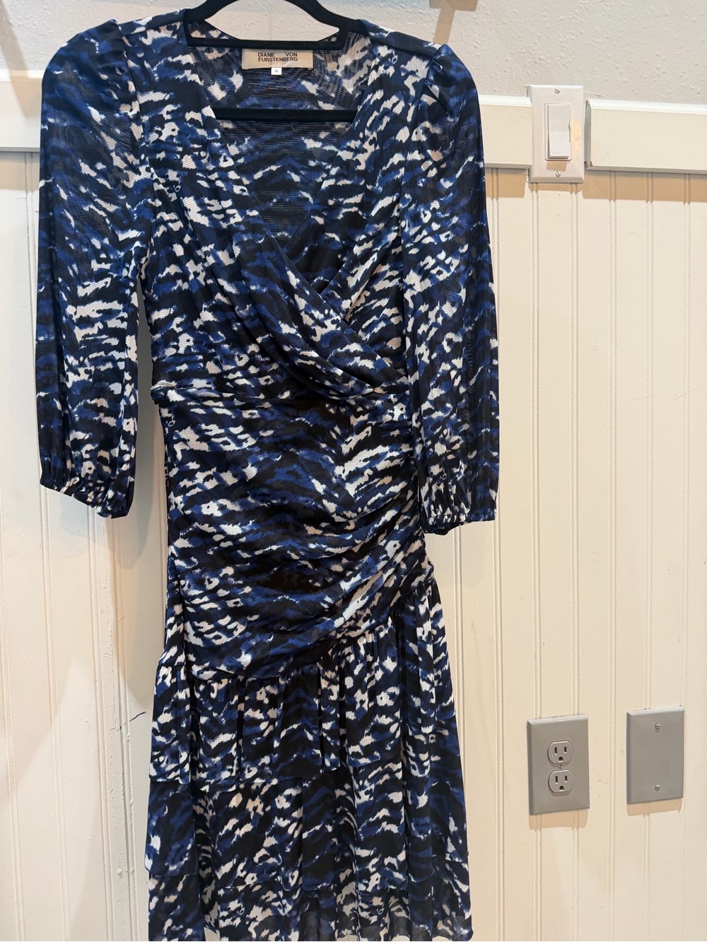 Diane Von Furstenberg Navy and White Abstract Wrap-Style Long Sleeve Dress